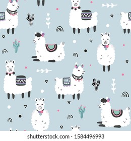 Seamless pattern with llamad, alpaca, cactuses and leaves. Creative hand drawn llama childish texture. Great for fabric, textile Vector Illustration