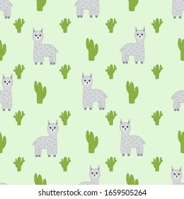 Seamless pattern with llamas alpacas and cacti. Vector illustration.