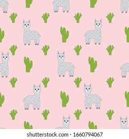 Seamless pattern with llamas alpacas and cacti. Vector illustration.