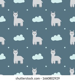 Seamless pattern with llamas alpacas and clouds. Vector illustration.