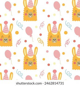 Seamless pattern with llamas or alpacas in hand drawn cartoon style. For textiles, stickers, cards, poster, wallpaper, wrapping paper. Isolated pink on white