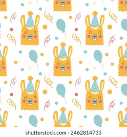 Seamless pattern with llamas or alpacas in hand drawn cartoon style. For textiles, stickers, cards, poster, wallpaper, wrapping paper. Isolated blue on white