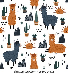 seamless pattern with llamas and cacti on white background - vector illustration, eps