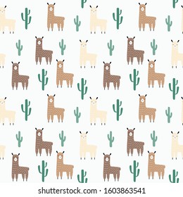 Seamless pattern of llamas and cactus in natural colors. Simple flat cute little animals and succulents in the Scandinavian style. Stock vector hand drawn illustration isolated on white background.