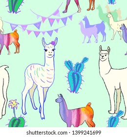 seamless pattern with llamas and cactus.male and female llamas in the background herds of futuristic colors, cacti, and flags with the holiday, the girl Lama expects everyone they look at it