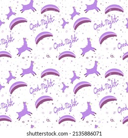 Seamless pattern with llamas, drawn element in cartoon style. Animals jumping on a rainbow against a white background. The lettering is handwritten. Stars, llamas and rainbow.