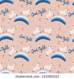 Seamless pattern with llamas, drawn element in cartoon style. Animals jumping on a rainbow against a white background. The lettering is handwritten. Stars, llamas and rainbow.