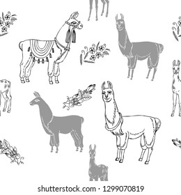 Seamless Pattern with Llamas and Flowers. Black and white  hand drawn  pattern with animals sketches. Vector Illustration