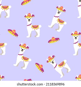 Seamless pattern with llamas and hats. Vector illustration