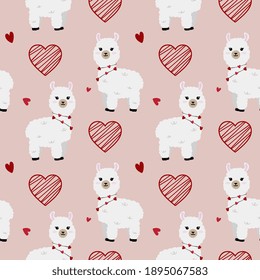 Seamless pattern with  llamas  and hearts. Background for wrapping paper,  greeting cards and seasonal designs. Happy Valentine's day.