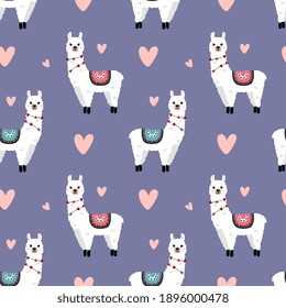 Seamless pattern with  llamas  and hearts. Background for wrapping paper,  greeting cards and seasonal designs. Happy Valentine's day.