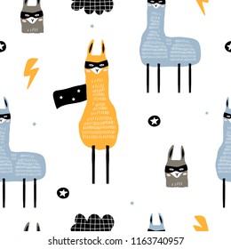 Seamless pattern with llamas hero. Creative hand drawn llama childish texture. Great for fabric, textile Vector Illustration