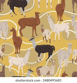 Seamless pattern with llamas Llama glama and their cubs in different poses. Animals of South America. Realistic vector mammal