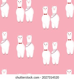 Seamless pattern with llamas in love on a pink background. Vector illustration suitable for baby texture, textile, fabric, poster, Valentines day greeting card, decor. Cute alpaca from Peru.