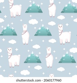 Seamless pattern with llamas and mountains on a blue background. Vector illustration for baby texture, textile, fabric, poster, greeting card, decor. Cute alpaca from Peru. Textures with animals