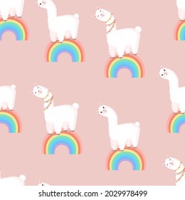 Seamless pattern with llamas on the rainbow. Vector illustration for baby texture, textile, fabric, poster, greeting card, decor. Cute alpaca from Peru. Textures with animals.