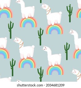 Seamless pattern with llamas on a rainbow with cactus. Vector illustration for baby texture, textile, fabric, poster, greeting card, decor. Cute alpaca from Peru. Textures with animals.