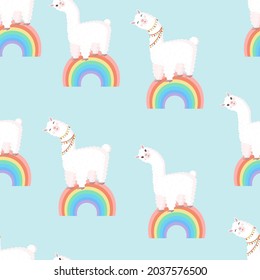 Seamless pattern with llamas on the rainbow. Vector illustration for baby texture, textile, fabric, poster, greeting card, decor. Cute alpaca from Peru. Textures with animals.