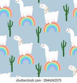 Seamless pattern with llamas on a rainbow with cactus. Vector illustration for baby texture, textile, fabric, poster, greeting card, decor. Cute alpaca from Peru. Textures with animals.