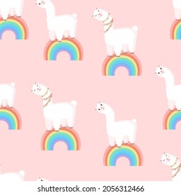 Seamless pattern with llamas on the rainbow. Vector illustration for baby texture, textile, fabric, poster, greeting card, decor. Cute alpaca from Peru. Textures with animals