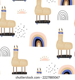 Seamless pattern with llamas on skateboards, rainbows, sun. Creative childish texture. Great for fabric, textile Vector Illustration