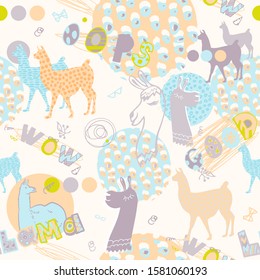 seamless pattern with llamas in ORANGE and grey colors. fun design for girl and children