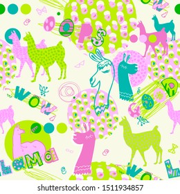 seamless pattern with llamas in pink and green colors. fun design for girl 