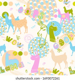 seamless pattern with llamas in pink and green colors. fun design for girl 