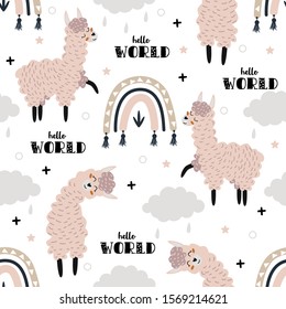 seamless pattern with llamas and rainbows on white background - vector illustration, eps