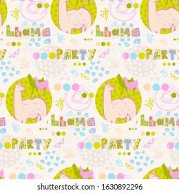 seamless pattern with llamas silhouettes in pink and green colors. fun design for girl with llama lettering, hand-drawn with spots, circles, and irregular dots in soft colors