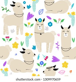 Seamless pattern with Llamas vector. Modern hand drawn style. Good for wallpaper, children room decoration, kid’s books, greeting cards.