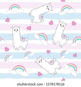 Seamless pattern with a llama.Stylish combination of colors. Blue and pink stripes on the background.Kawaii style.