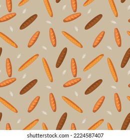 Seamless pattern with loaf pastries on a beige background. Vector illustration of a bun in a minimalistic flat style, hand drawn. Print for bakery textiles, print design, postcards
