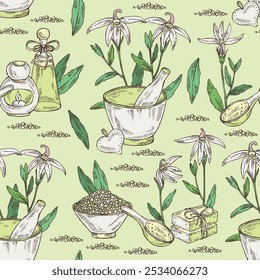 Seamless pattern with lobelia chinensis: lobelia chinensis plant, leaves and lobelia chinensis flowers. Asian lobelia. Oil, soap and bath salt . Cosmetics and medical plant. Vector hand drawn