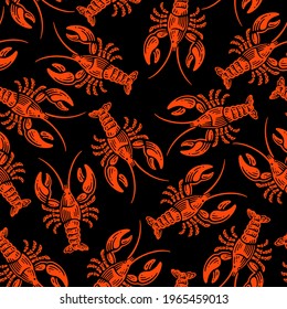 Seamless pattern of lobster in doodle vintage illustration