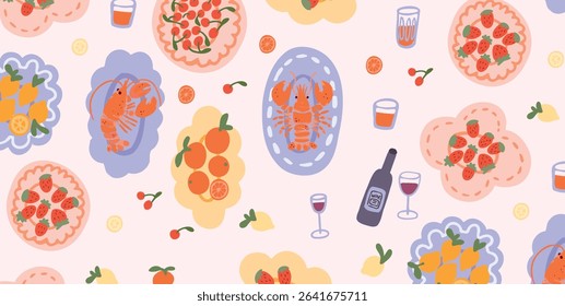 Seamless pattern with Lobster on serving plates, Strawberry and Cherry Tart, Lemon and Orange Fruits, Red Wine Glass and Bottle. Summer brunch vector background.
