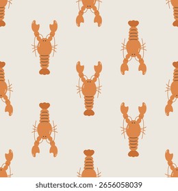 Padrão contínuo com lagosta. Personalidade marítima. Para design, tecido, embalagem, cartões, têxteis, papel de parede, vestuário. Ilustração isolada de desenho animado vetorial em estilo plano.