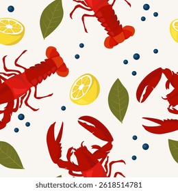 Seamless pattern with lobster. Vector cartoon illustration. Food banner. Menu background.