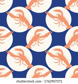 Seamless pattern. Lobsters. Blue background.