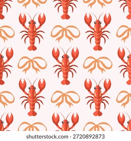 Patrón sin fisuras con langostas y lazo. Verano repitiendo el patrón de mariscos. Fondo de diseño mediterráneo.
