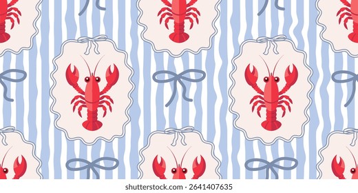 Seamless pattern with lobsters and bows on blue and white wavy stripes. Summer repeating seafood pattern. Mediterranean coastal background.