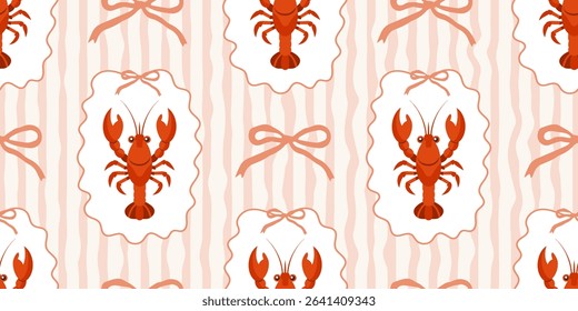 Seamless pattern with lobsters and bows on pink and white wavy stripes. Summer repeating seafood pattern. Mediterranean coastal background.