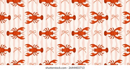 Padrão sem costura com lagostas e arcos em listras onduladas rosa e branco. Verão repetindo padrão de frutos do mar. Fundo costeiro mediterrânico.