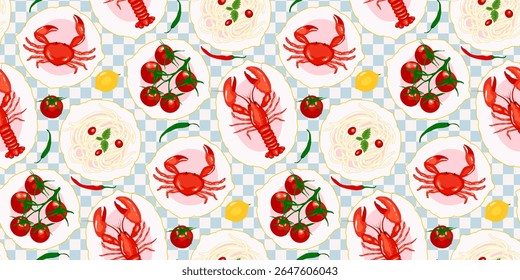 Seamless pattern lobsters, crabs, spaghetti, tomatoes, and peppers on a blue checkered background. Illustration food themed decorative design. Mediterranean summer vacation food creative wallpaper 