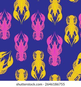 Seamless pattern with lobsters, made in hand sketch technique. Vintage tropical style with Mediterranean atmosphere. Ideal for textiles, wallpaper, packaging, design and decor.