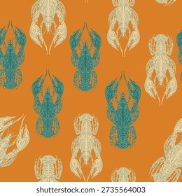 Seamless pattern with lobsters, made in hand sketch technique. Vintage tropical style with Mediterranean atmosphere. Ideal for textiles, wallpaper, packaging, design and decor.