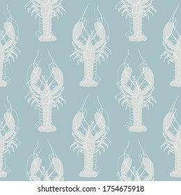 Seamless pattern with lobsters on a blue background. Stylized lobster. Wallpaper, print, wrapping paper, modern textile design, banner, poster, promotional material. Vector illustration.