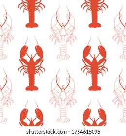 Seamless pattern with lobsters on a white background. Stylized lobster. Red on white. Wallpaper, print, wrapping paper, modern textile design, banner, poster, promotional material.Vector illustration.