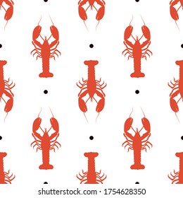 Seamless pattern with lobsters on a white background. Stylized lobster. Red on white. Wallpaper, print, wrapping paper, modern textile design, banner, poster, promotional material.Vector illustration.