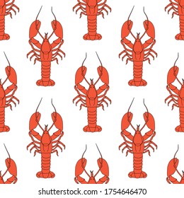 Seamless pattern with lobsters on a white background. Stylized lobster. Red on white. Wallpaper, print, wrapping paper, modern textile design, banner, poster, promotional material.Vector illustration.